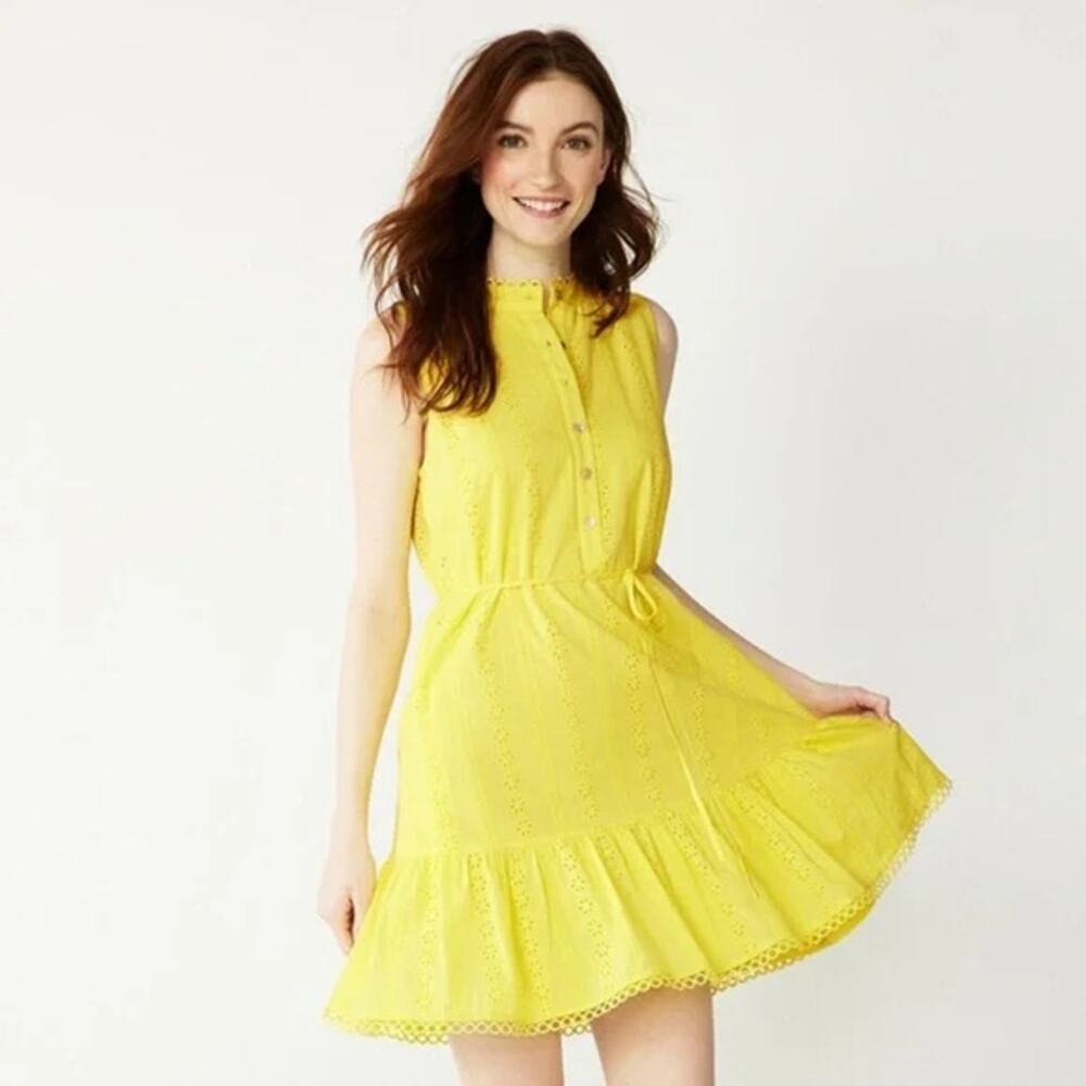 Draper James Lemon Yellow Eyelet Lined Sleeveless Summer Dress Button Front MED